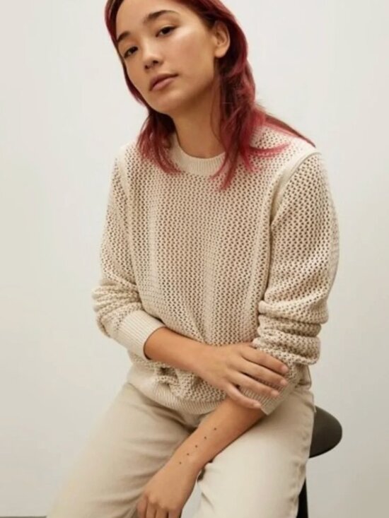Everlane Sweaters - Everlane Open Knit Crochet Sweater Size M Beige Crewneck Long Sleeve Cotton Sz M